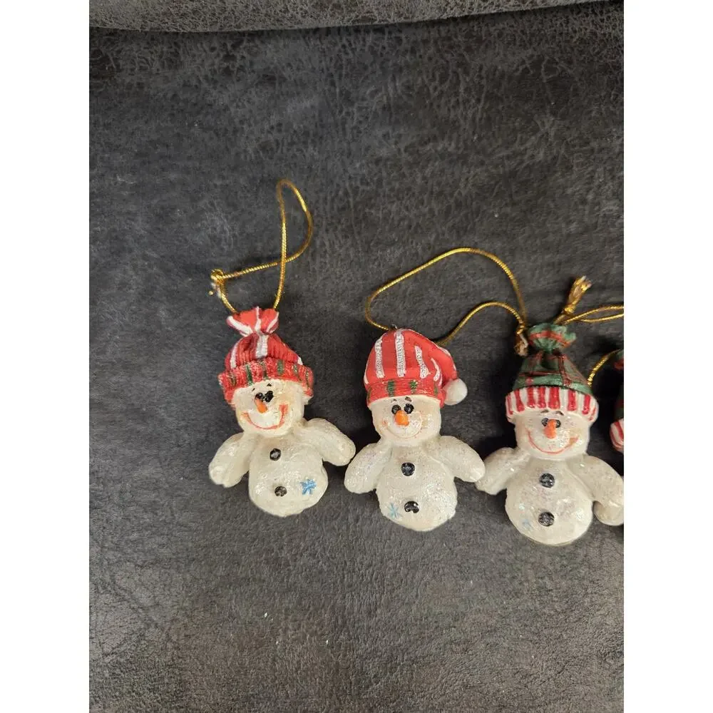 4 Vintage Miniature Glitter Snowman Ornaments Red Green Striped Hats Christmas
